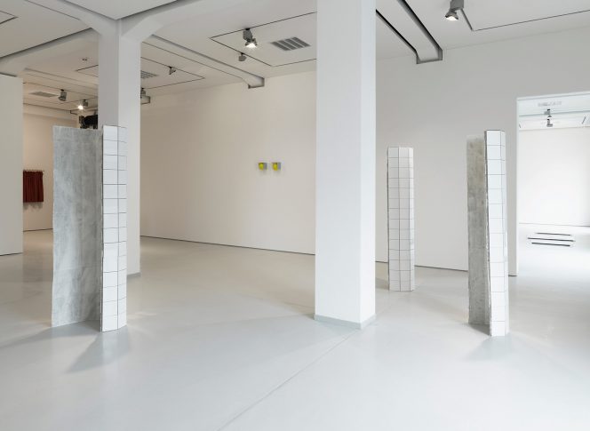 3 Upright 2nd cycle 2012 – ongoing. Installation view at start and end of the exhibition <i>Vom Eigensinn Der Dinge</I>, curated by Julia Höner, Kai 10, Düsseldorf, April-July 2013