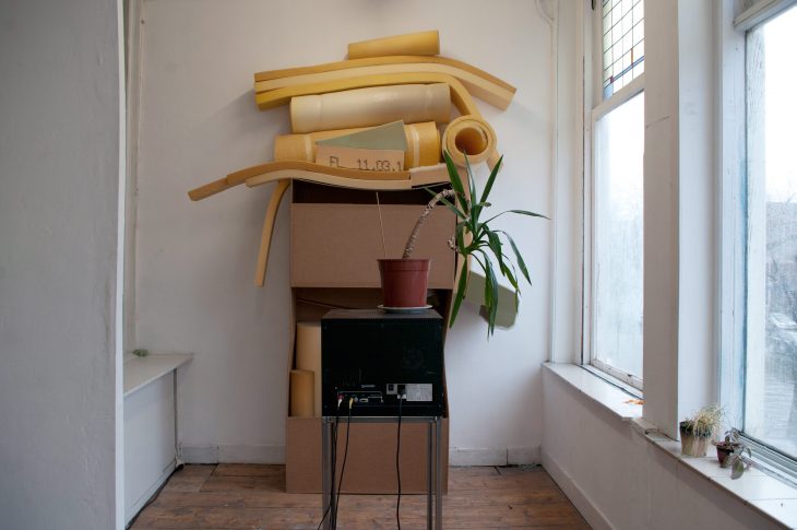 The Hague Ensemble Installation view <i>Love Among The Artists</i>: Meeting between Prouvost‘s caressing video and Buck‘s skulpture.<br>2014. Cardboard, foam, 190 x 285 x 55 cm