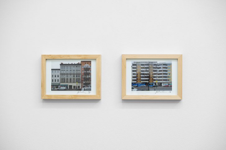 John Reardon, Action to produce a high degree of uncertainty, 2017 (two photographs - each limited edition of 5) These two photographs document and form part of an exchange the artist had with residents of the apartment block - opposite Å+ gallery - about the gallery, about what art can be. Residents involved in this exchange were given a limited edition print of Å+ gallery (taken from the apartment block) in exchange for attaching a single plastic bag (from the nearby grocery store), to their balcony for the duration of the exhibition or until the bag is removed by natural or unnatural forces. The other photograph of the apartment block (taken from Å+ gallery and with some bags still attached to balconies) is available for sale through Å+ gallery