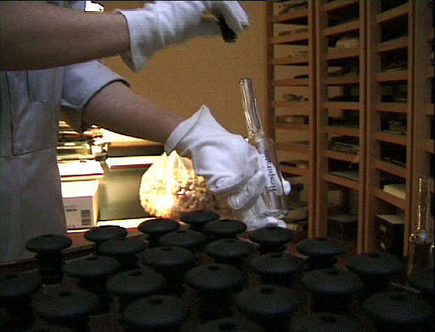 Abfüllung der Flaschen unter Aufsicht der Notarin und des Archiv-Leiters mit spezifischer Luft im Tresorraum
