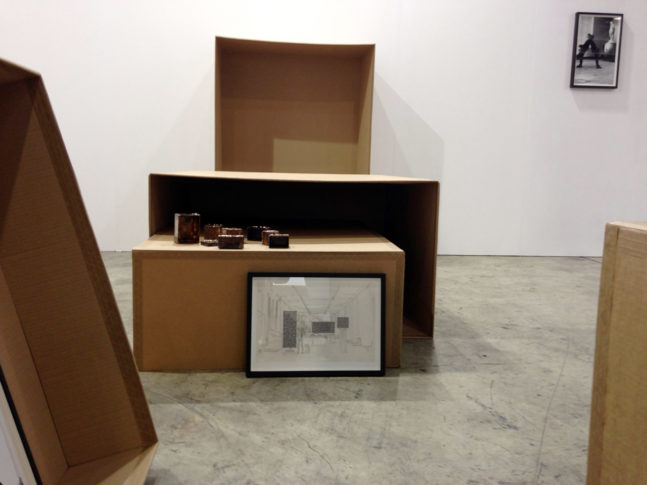 Installation views of <i>Plinth Drawings II</i>, 2014, Cardboard, gum strip tape, hand-welded bronze, framed stacks of photographs and commissioned drawings, installation dimensions variable