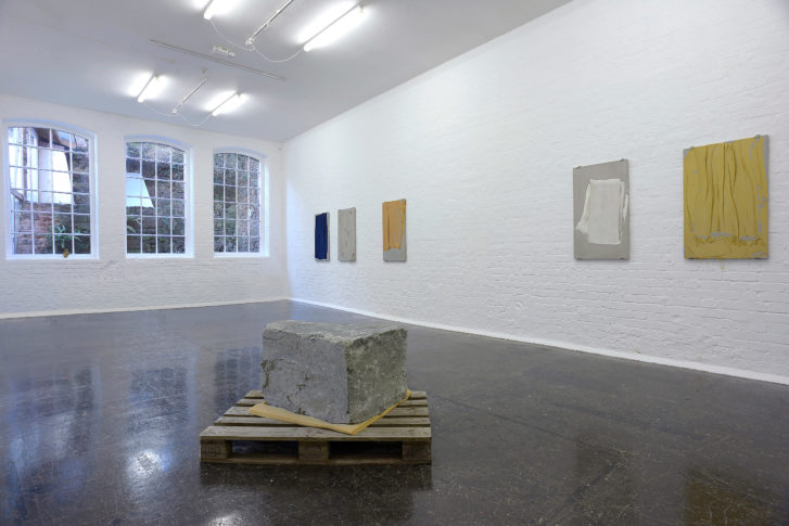 Foreground: Bettina Buck, <i>Pressed Foam</i>, 2012, Wall: Marie Lund, <i>Flat Bed</i>, Window: Bettina Buck, <i>Relic</i>