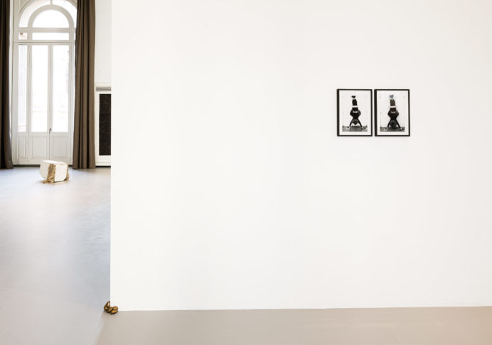 Installation view <i>Fallen, Platzhalter,  Untitled (diptych)</i> (left to right)