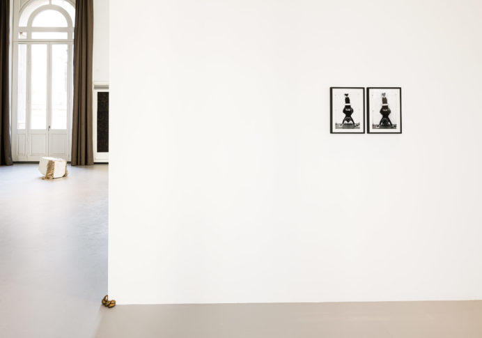 Installation view <i>Fallen, Platzhalter, Untitled (diptych)</i> (left to right)